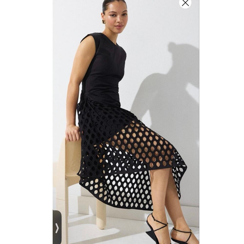 DIOTIMA Black Sleeveless Openwork Mesh Overlay Asymmetrical Midi Dress sz L